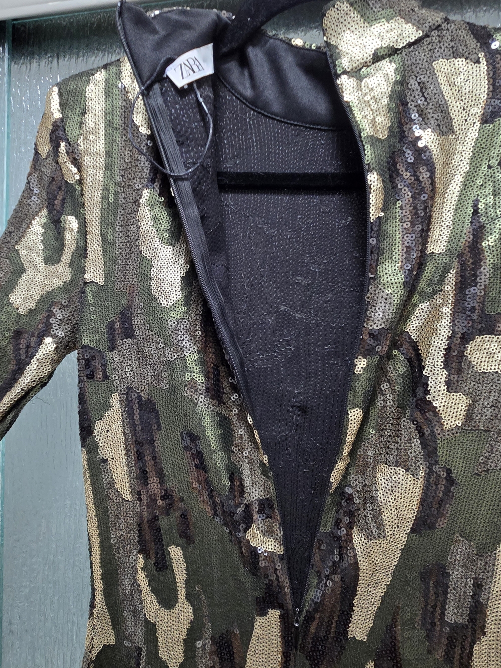 Zara Kahki Sequin Camo Bodycon High Neck Long Sleeve Midi Event Dress Size Small - Picture 5 of 14